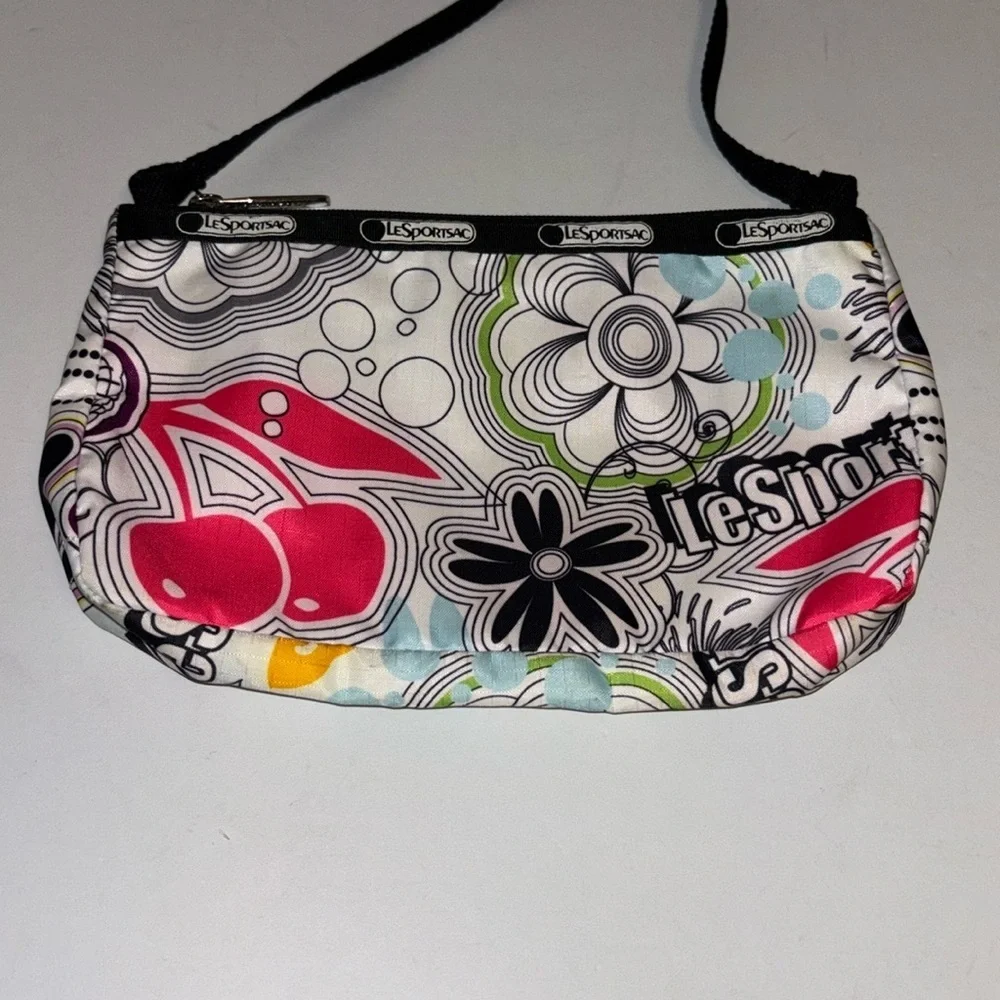 LeSPORTSAC MINI SHOULDER BAG WHITE BLACK RED BLUE COLORS CHERRY FLORAL DESIGN
